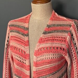 Vintage Norm Thompson Crochet Cardigan | Petite S | 1980s Pink Coral Stripe